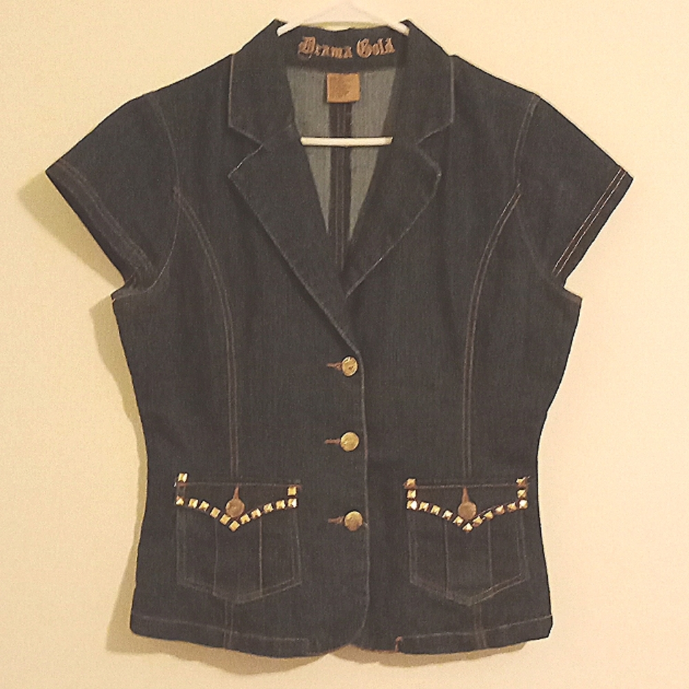 DRAMA GOLD Women's denim button up short sleeve top size 11/12